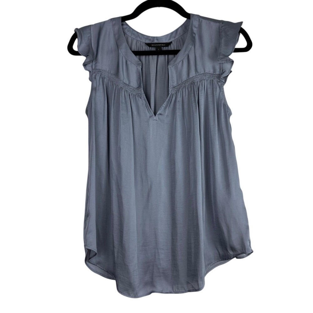 Banana Republic Womens Satin Ruffle Split Neck Tank Top Fade Into Blue Small